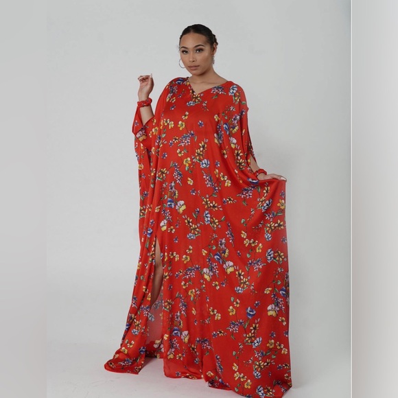 Red Multicolor Handmade Floral Print Oversized Maxi Kaftans Dress - Picture 3 of 7